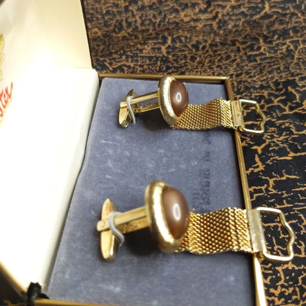 Vintage Foster USA Gold Tone Oval Cufflinks WrapARound Brown Stone Shirt Tux